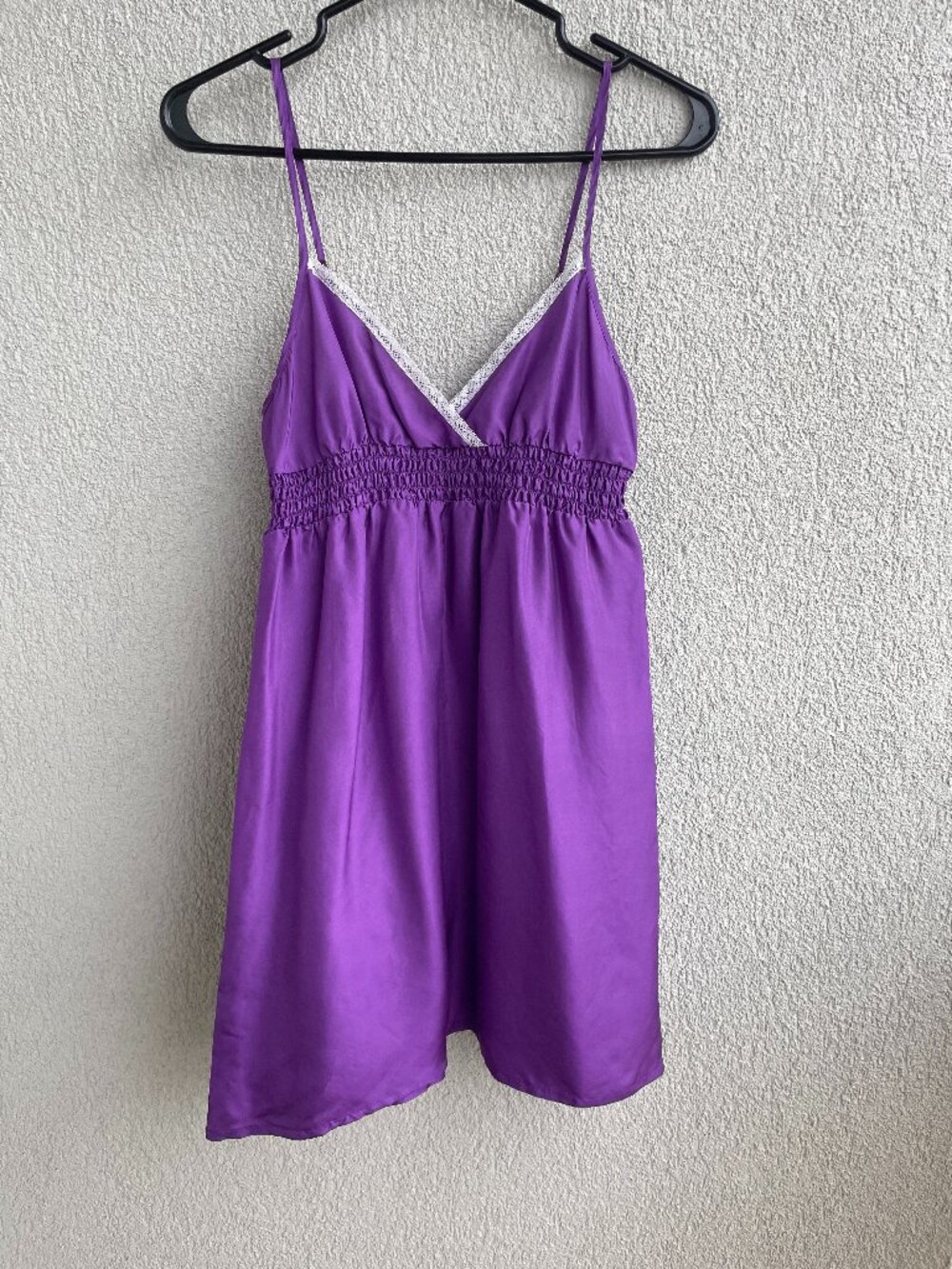 100% Silk Slip Dress Purple, Size S | Lace Trim, Adjustable Straps, Nightgown Mi